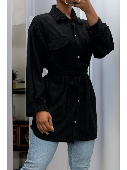 Longue sur chemise noire côtelé bien épais avec poches et ceinture - 6