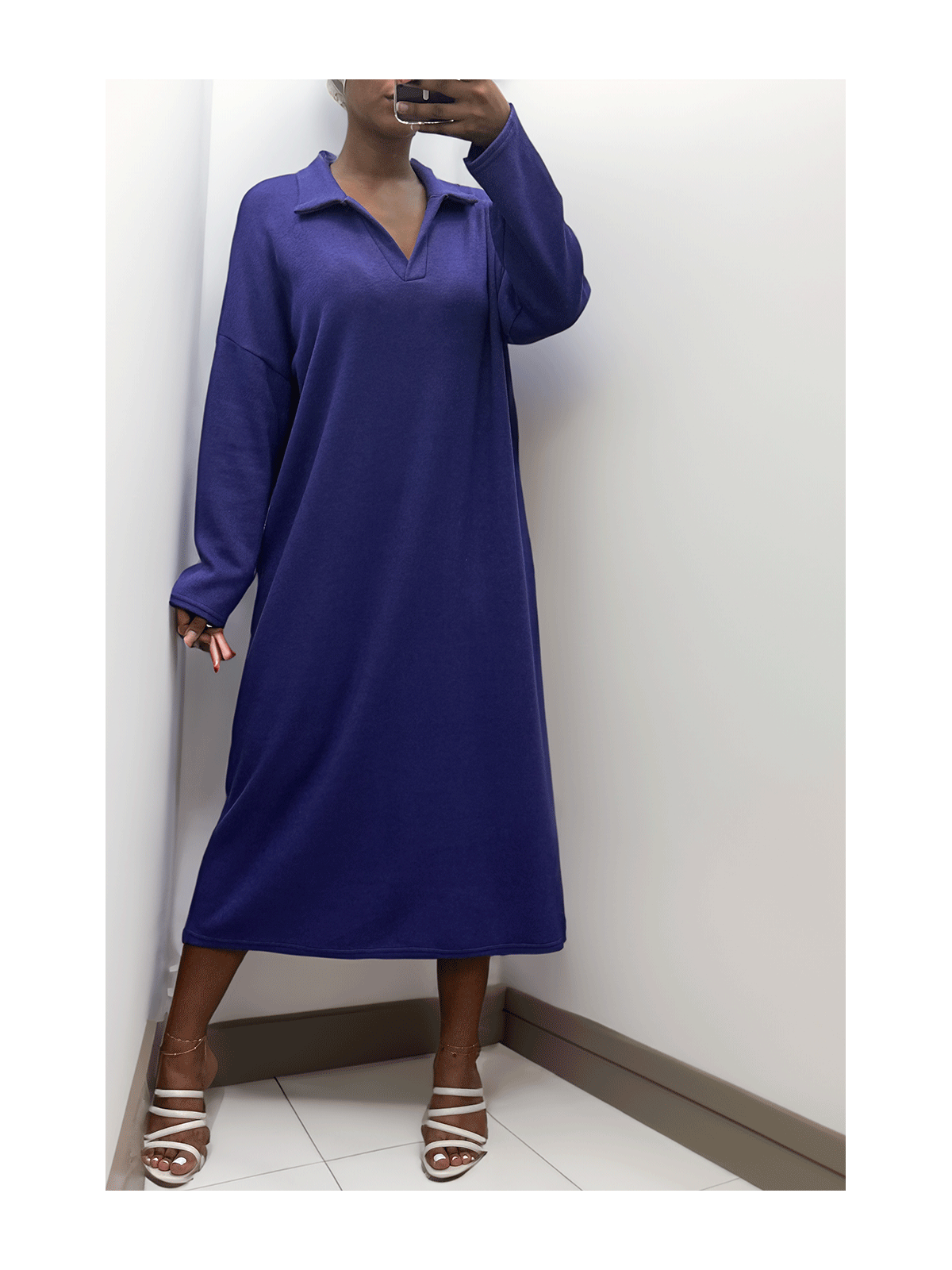 Longue robe épaisse col chemise en violet - 1