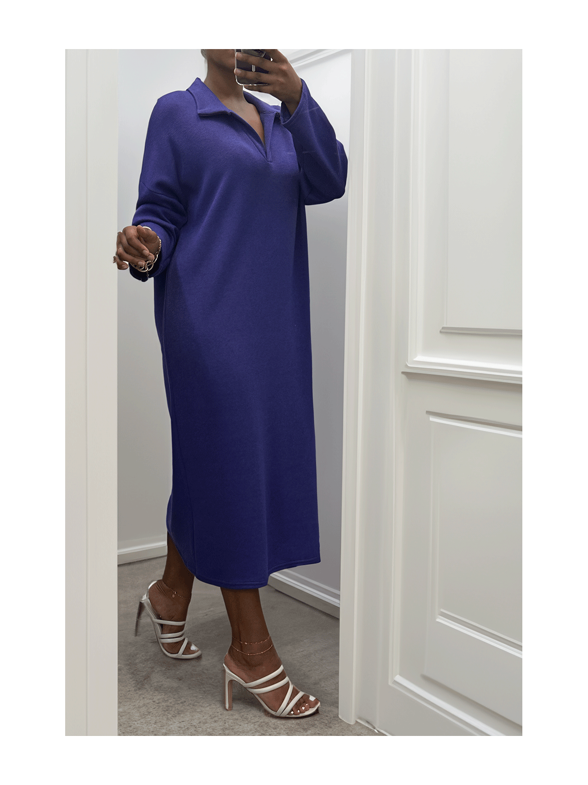 Longue robe épaisse col chemise en violet - 2