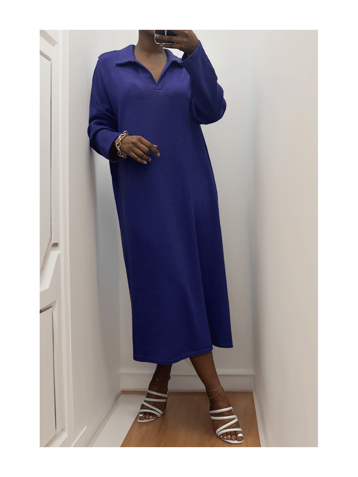 Longue robe épaisse col chemise en violet - 3