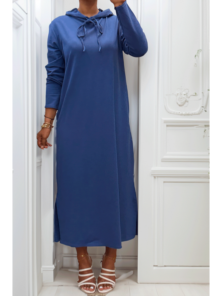 Longue robe sweat abaya bleu à capuche - 1