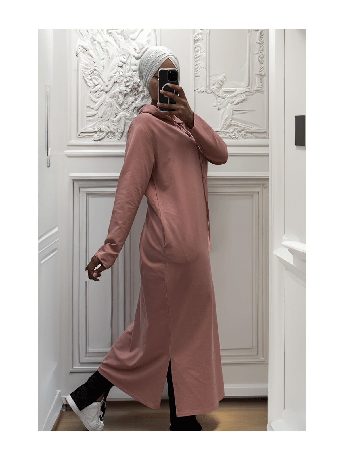 Longue robe sweat abaya rose à capuche - 2