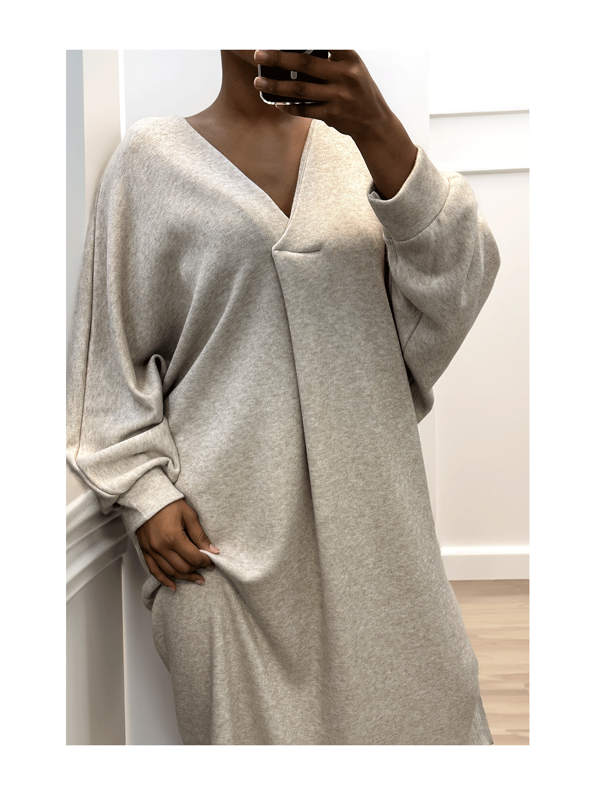 Longue robe pull over size col V beige - 1