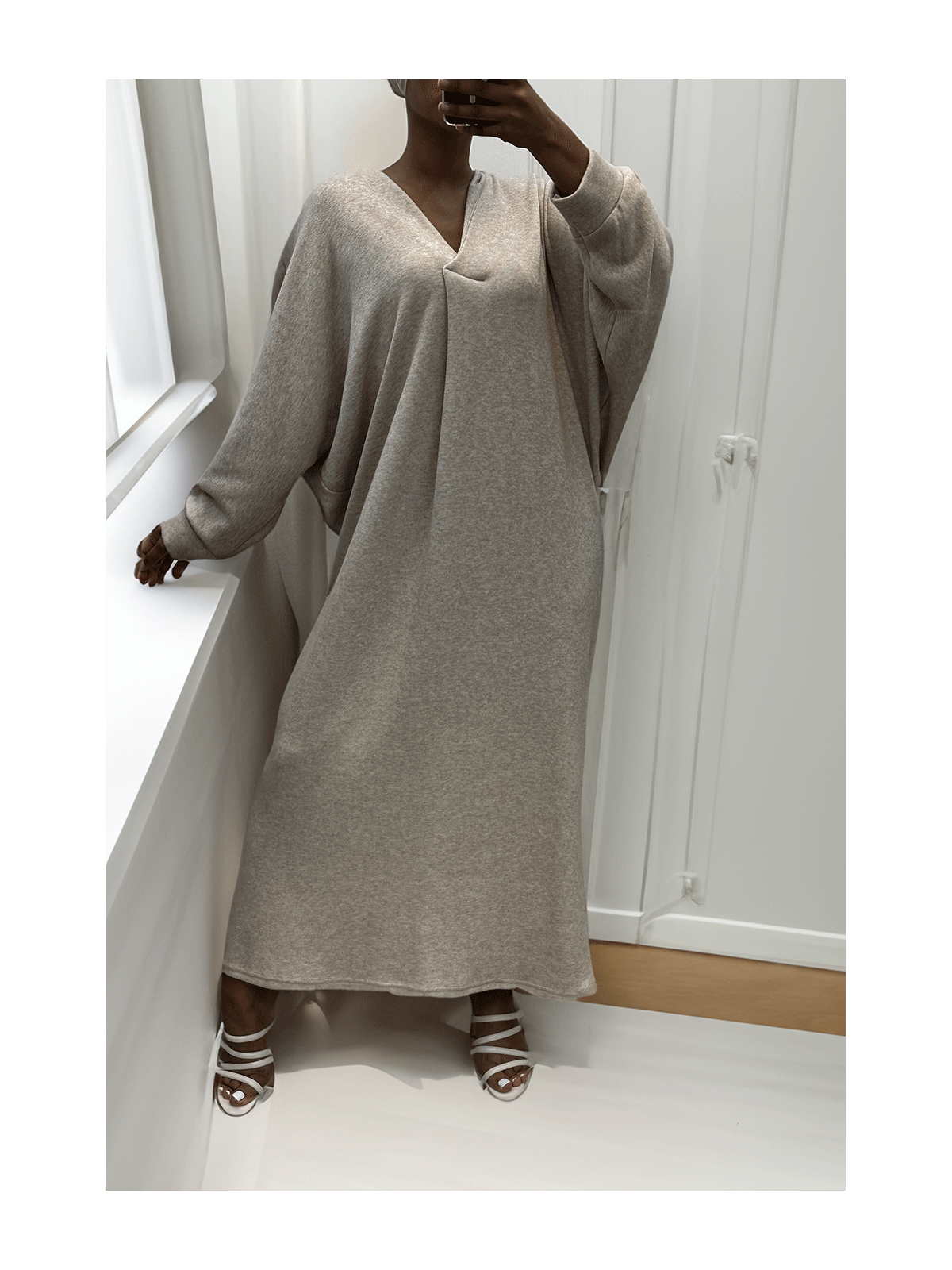 Longue robe pull over size col V beige - 2