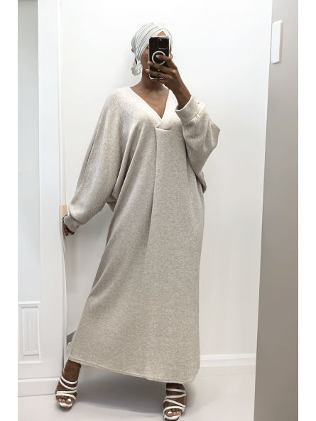 Longue robe pull over size col V beige - 4