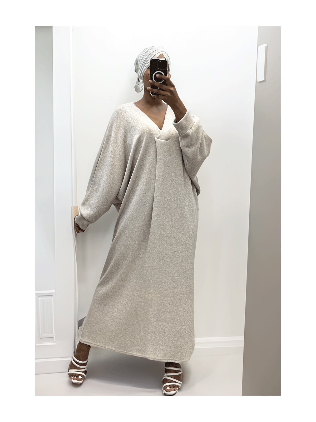 Longue robe pull over size col V beige - 4