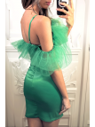 Sublime robe satiné verte avec tulle tombant aux épaules - 1