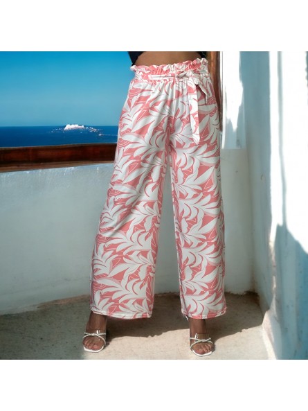 Pantalon palazzo rose imprimé tropical   - 2