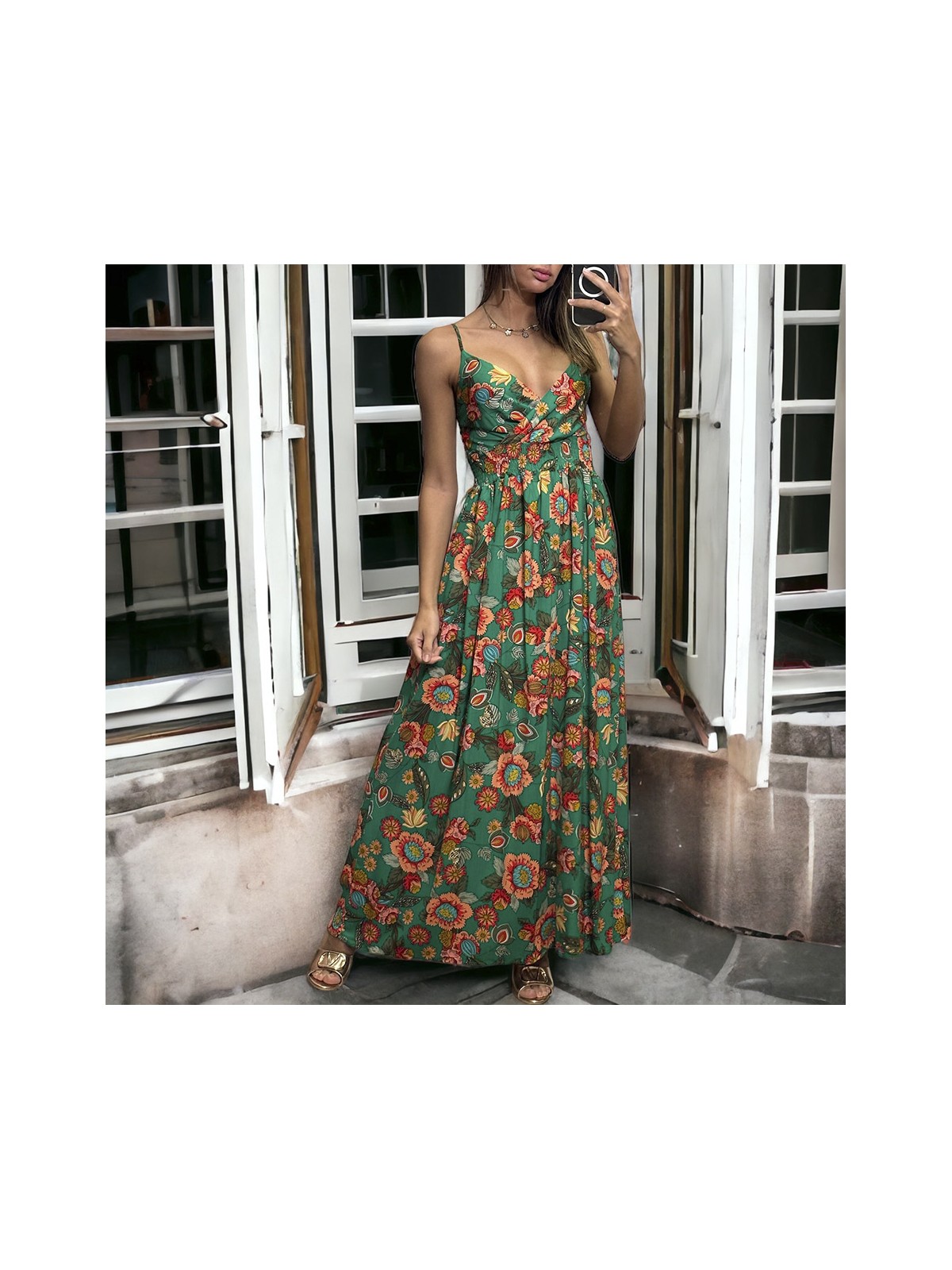 Longue robe avec motif fleuris verte bretelles amovible - 2