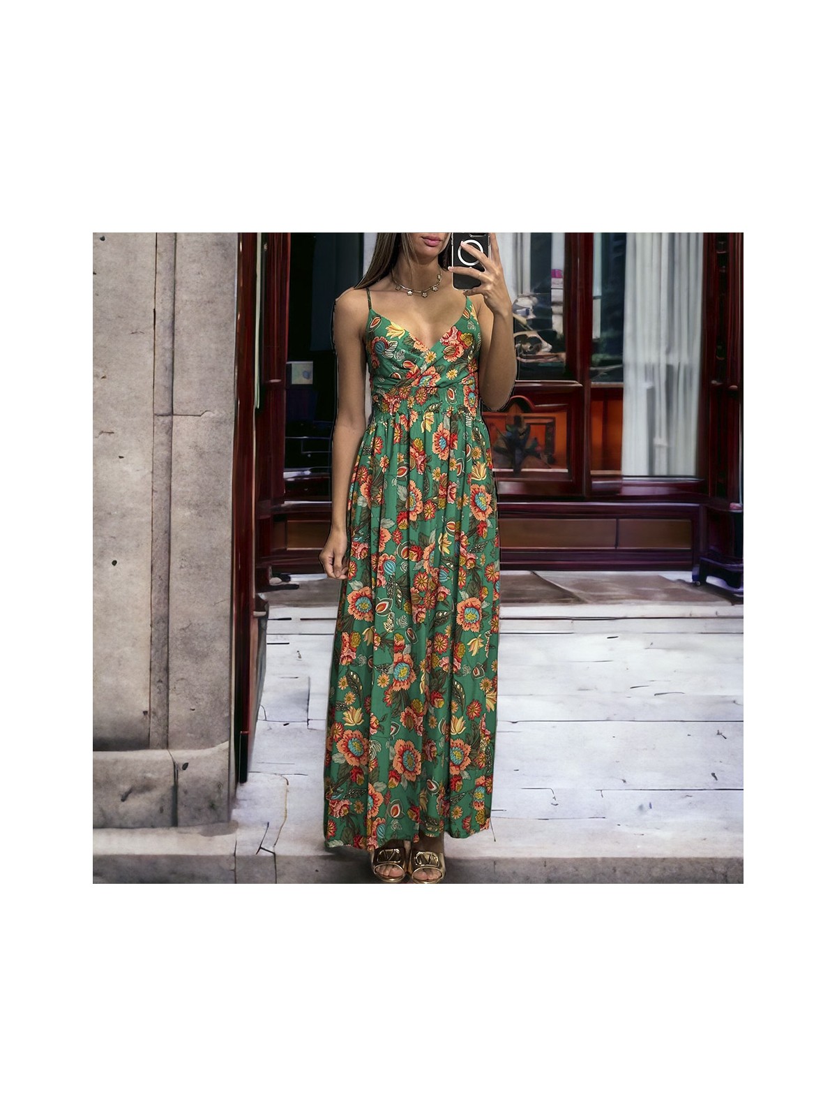 Longue robe avec motif fleuris verte bretelles amovible - 3
