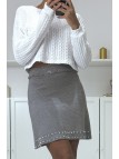 Mini jupe grise évasé en matière pull avec perle - 1