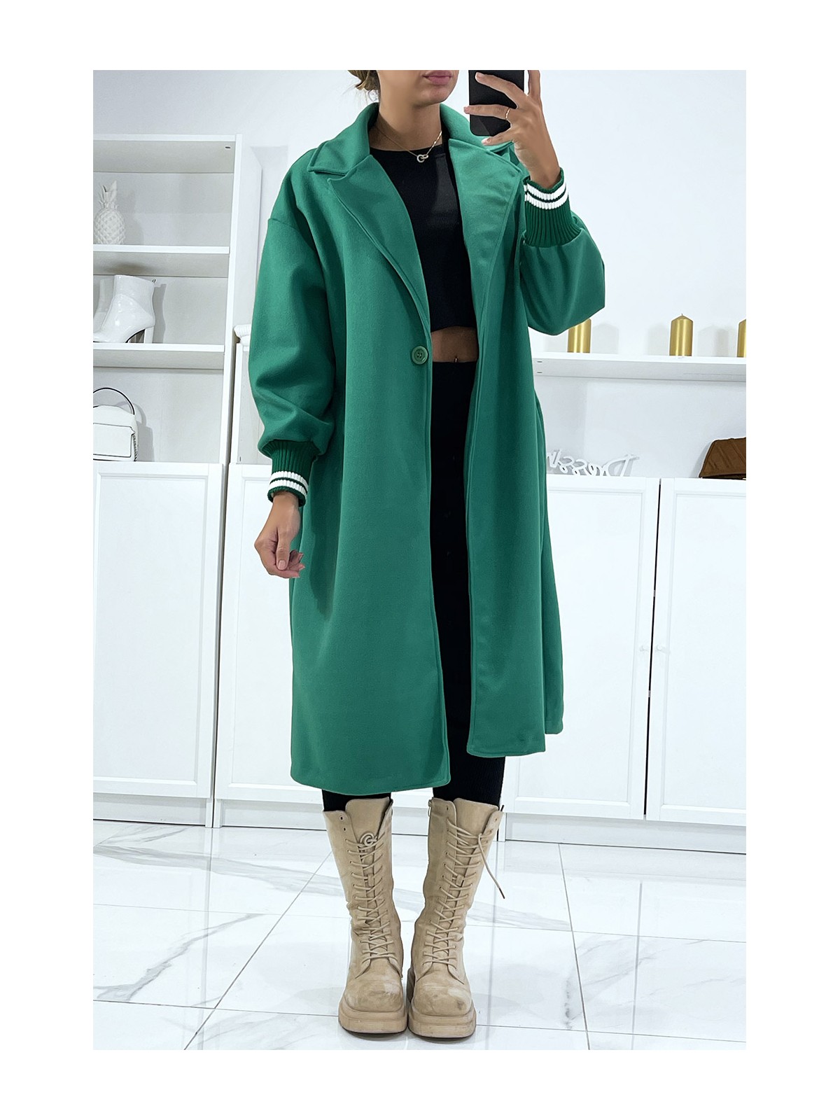 Long manteau over size en vert avec bord côte aux manches - 3