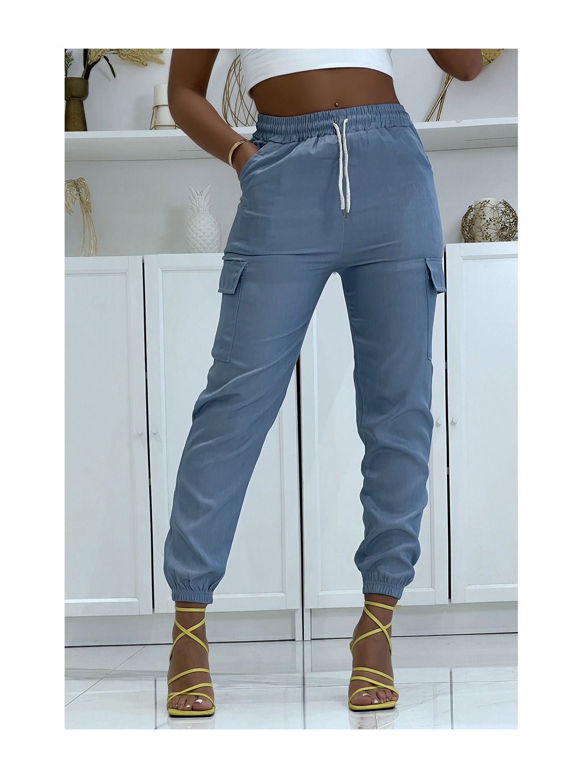Pantalon jogging cargo couleur jeans - 1