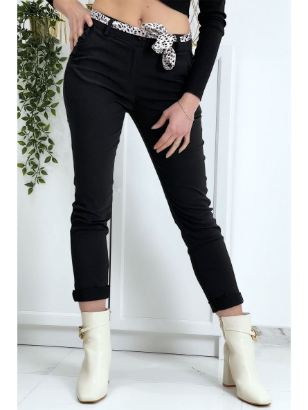 Pantalon strech noir avec poches froufrou et ceinture - 2