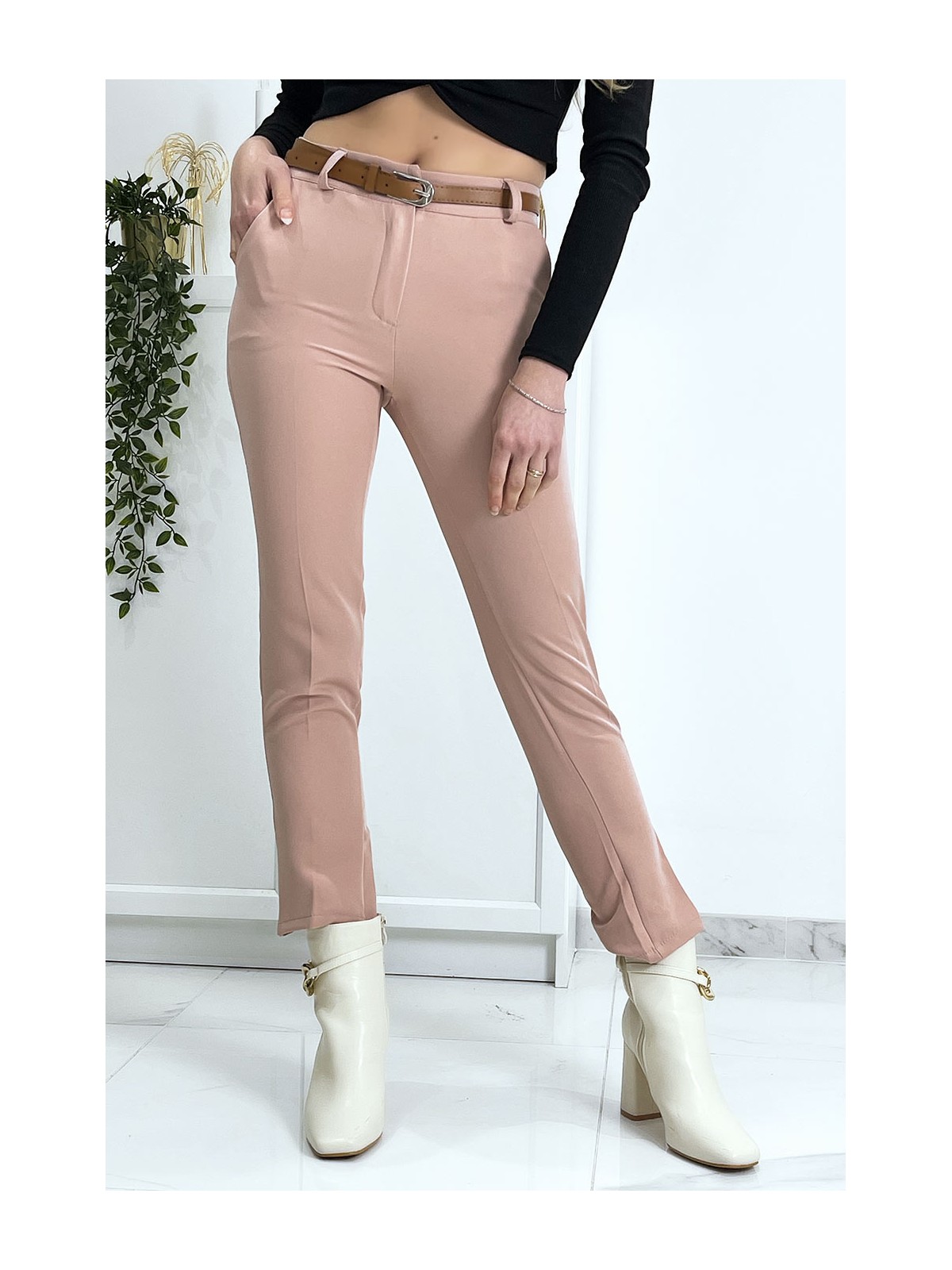 Pantalon working girl rose avec poches et ceinture - 2