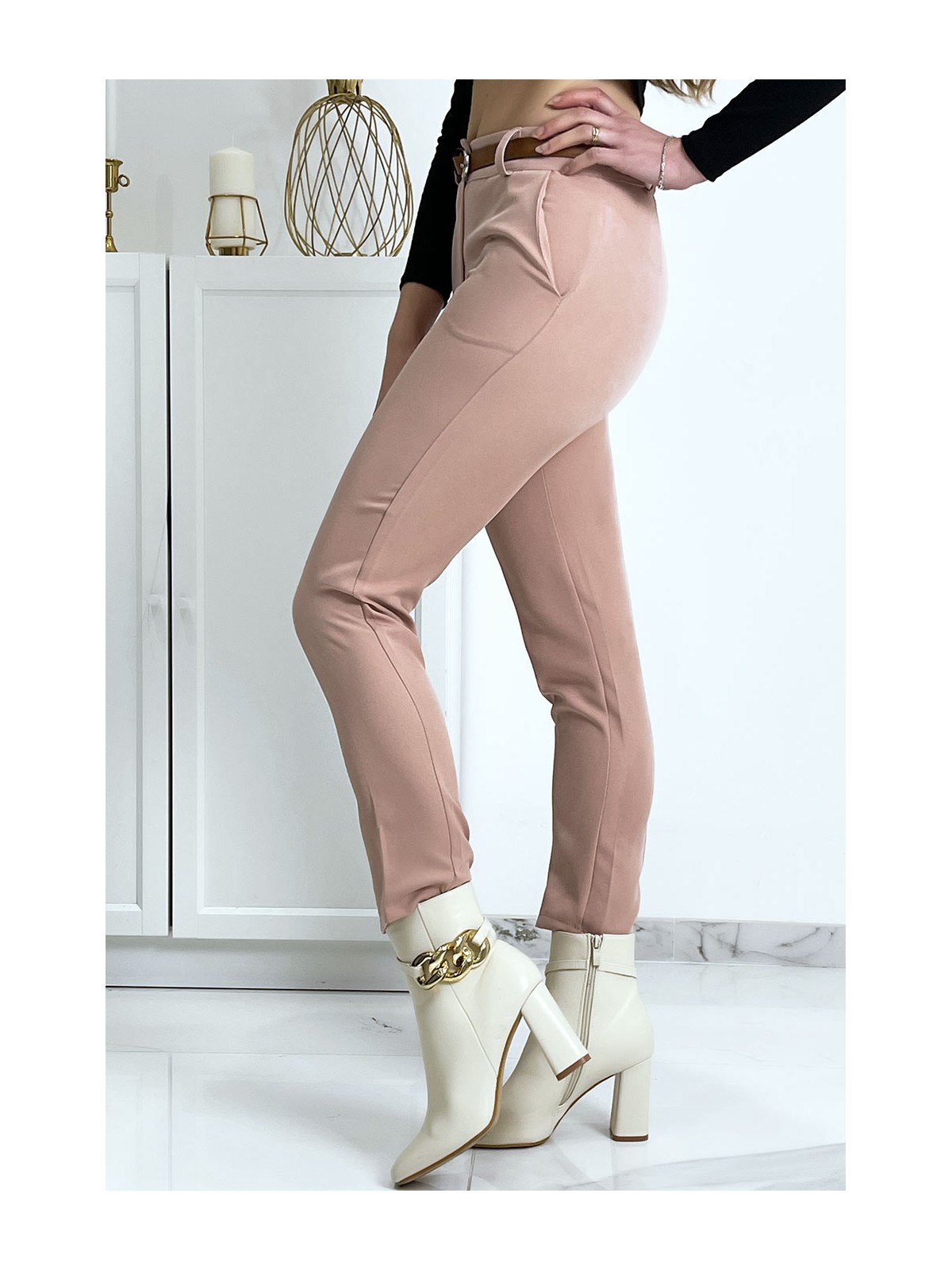 Pantalon working girl rose avec poches et ceinture - 6