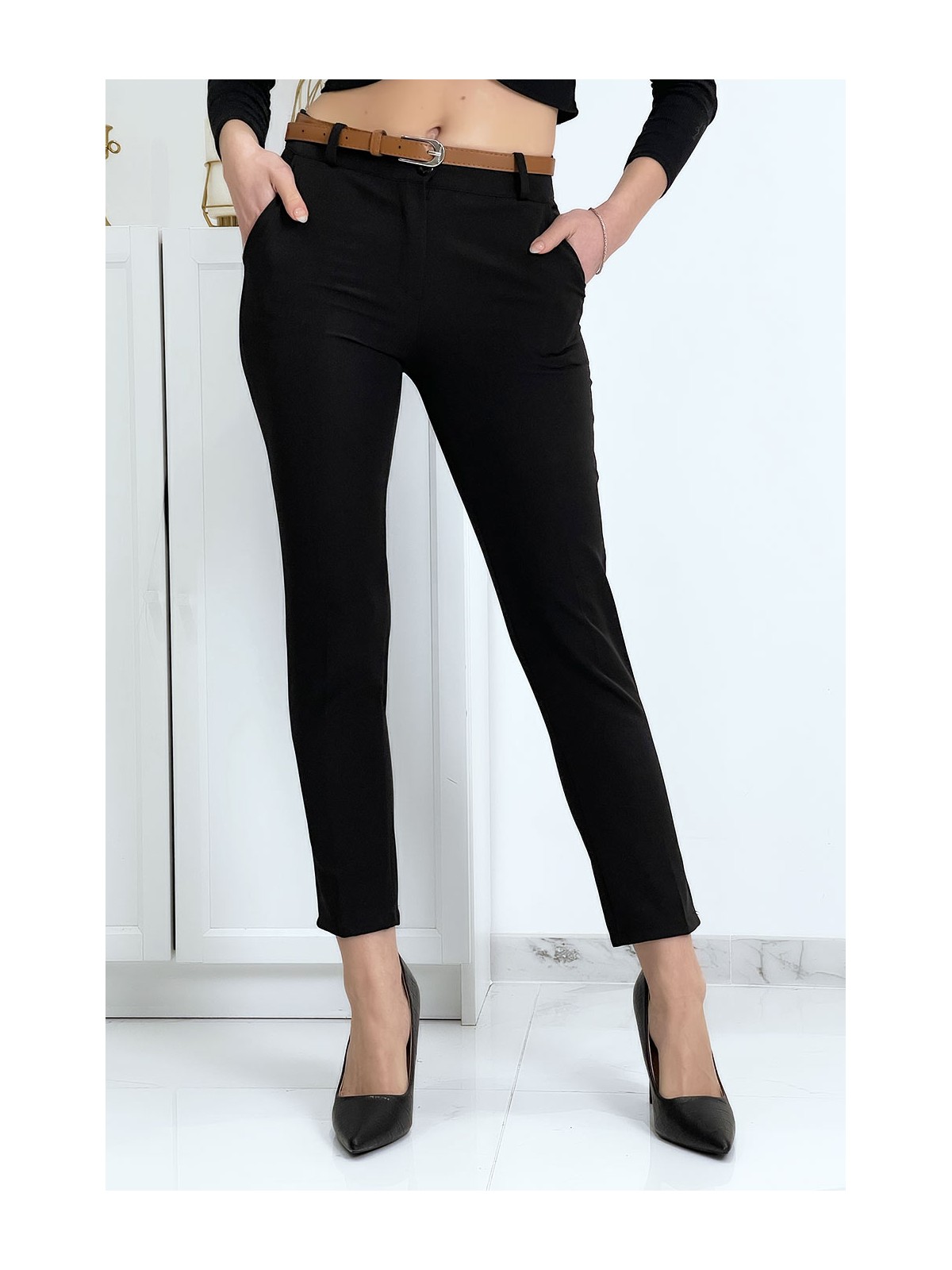 Pantalon working girl noir avec poches et ceinture - 2