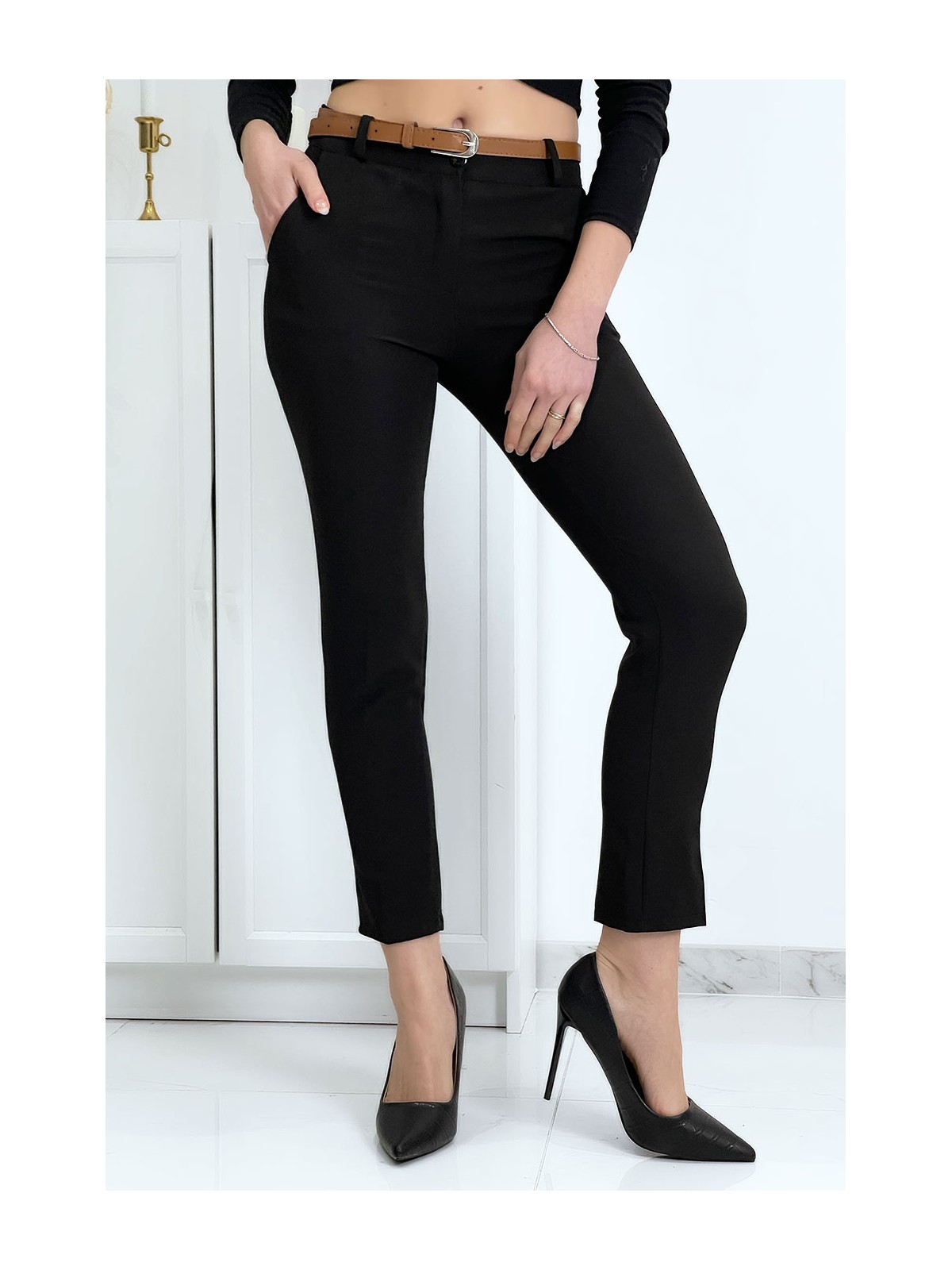 Pantalon working girl noir avec poches et ceinture - 3