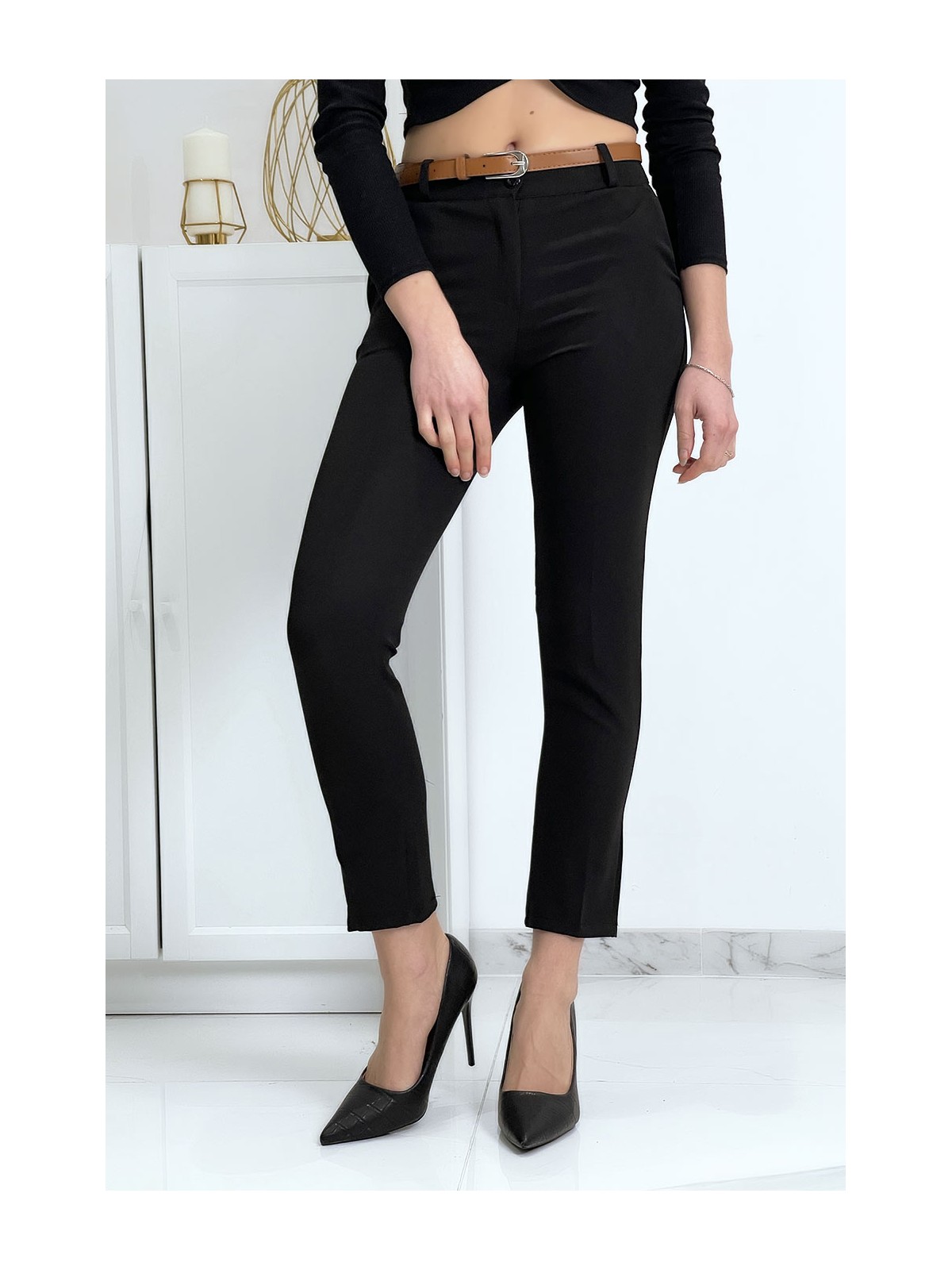 Pantalon working girl noir avec poches et ceinture - 4