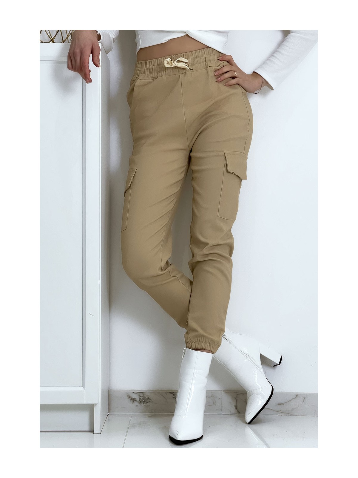Pantalon treillis beige en strech avec poches - 1