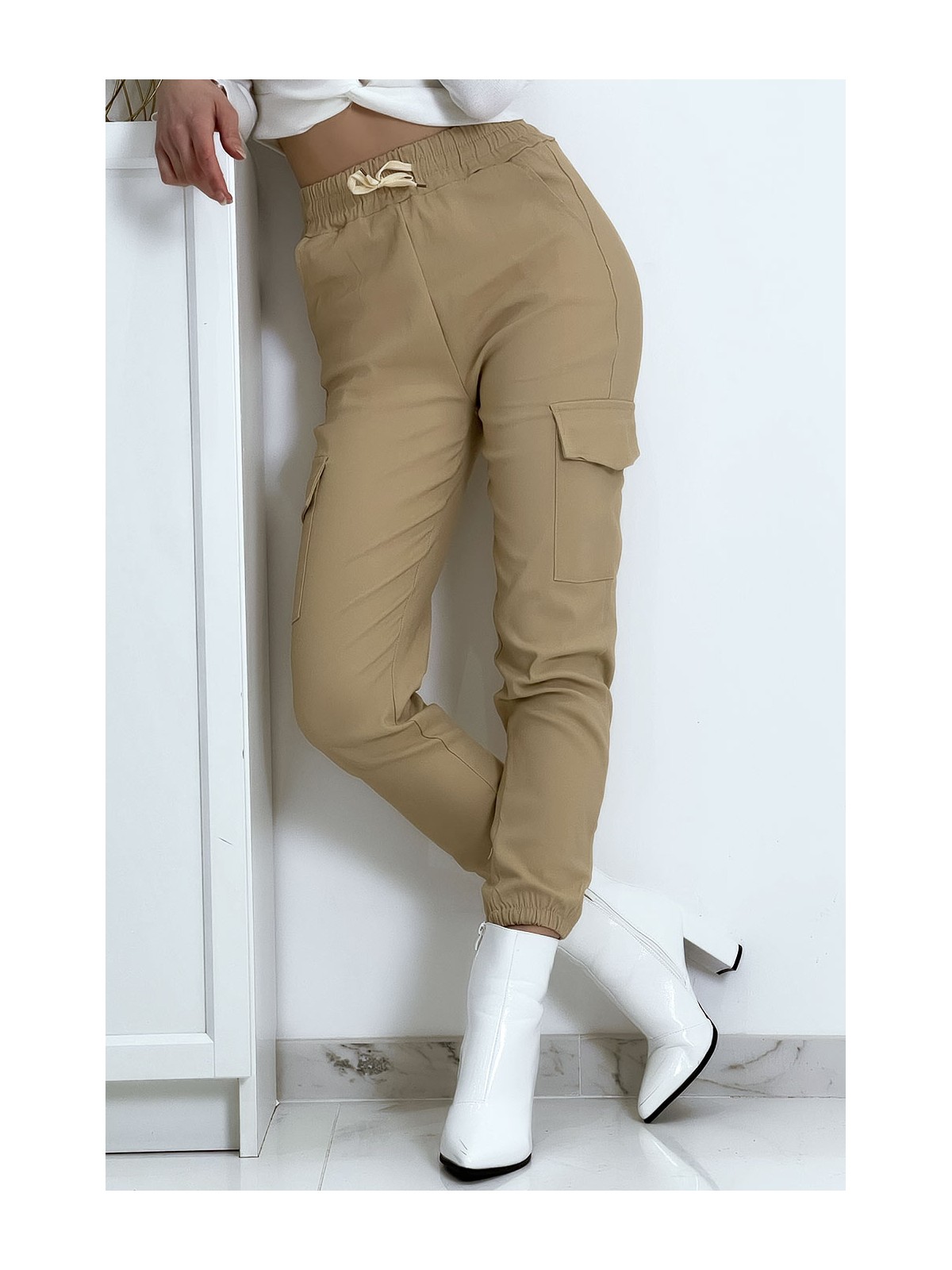 Pantalon treillis beige en strech avec poches - 2