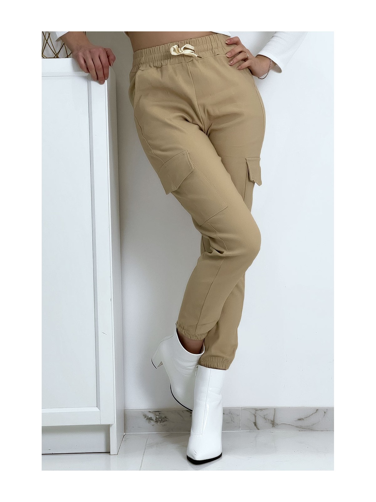Pantalon treillis beige en strech avec poches - 3
