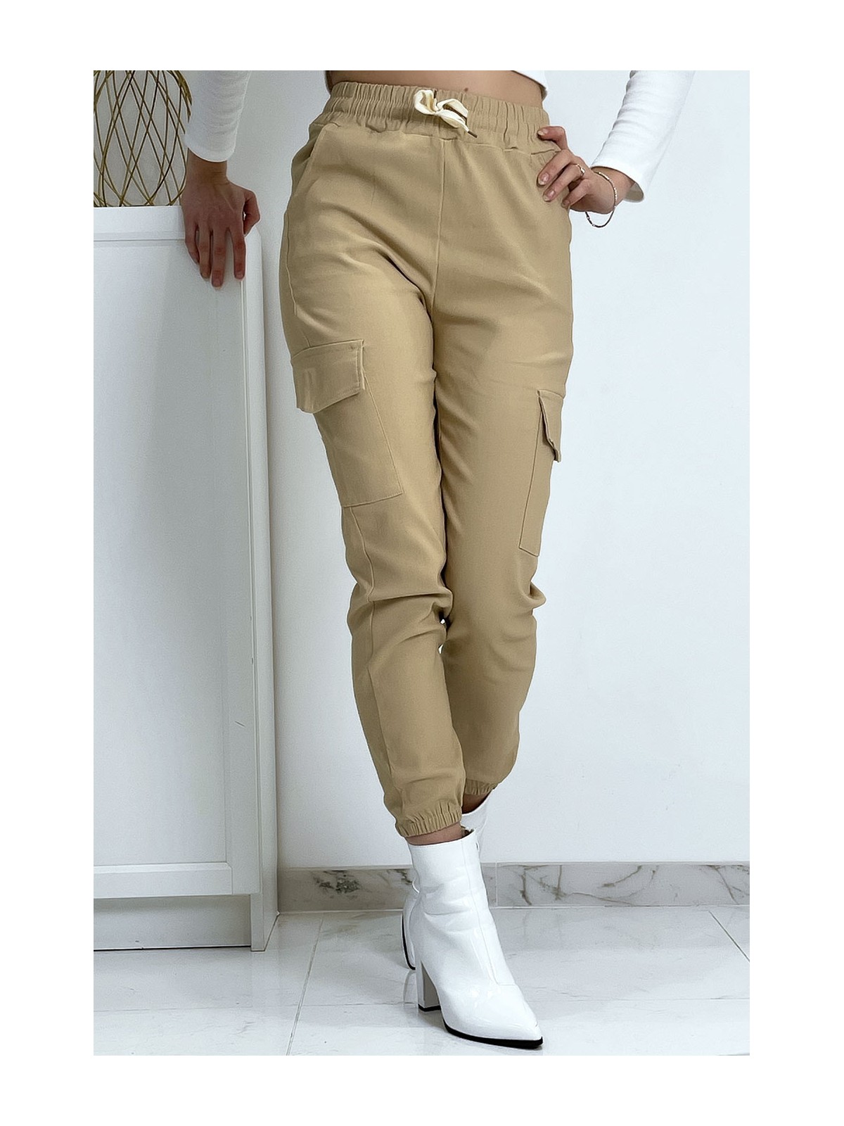 Pantalon treillis beige en strech avec poches - 4
