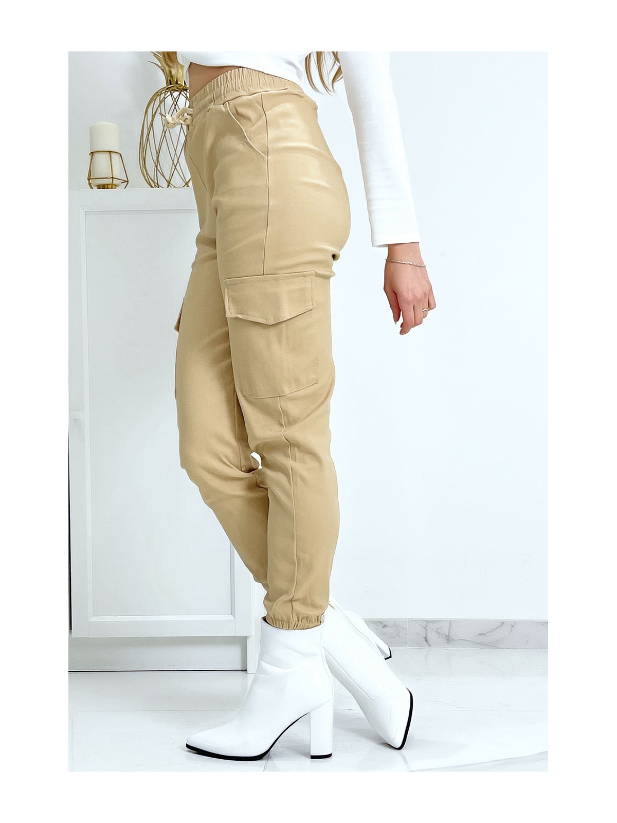 Pantalon treillis beige en strech avec poches - 6