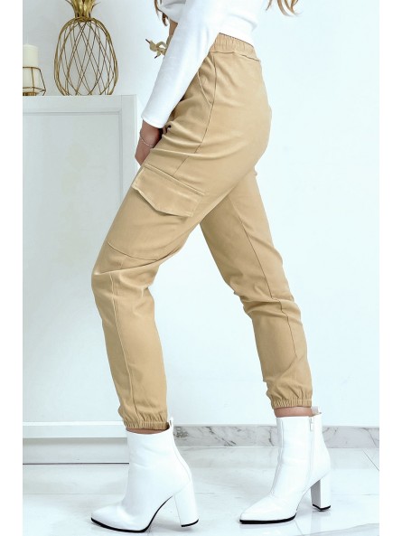 Pantalon treillis beige en strech avec poches - 7