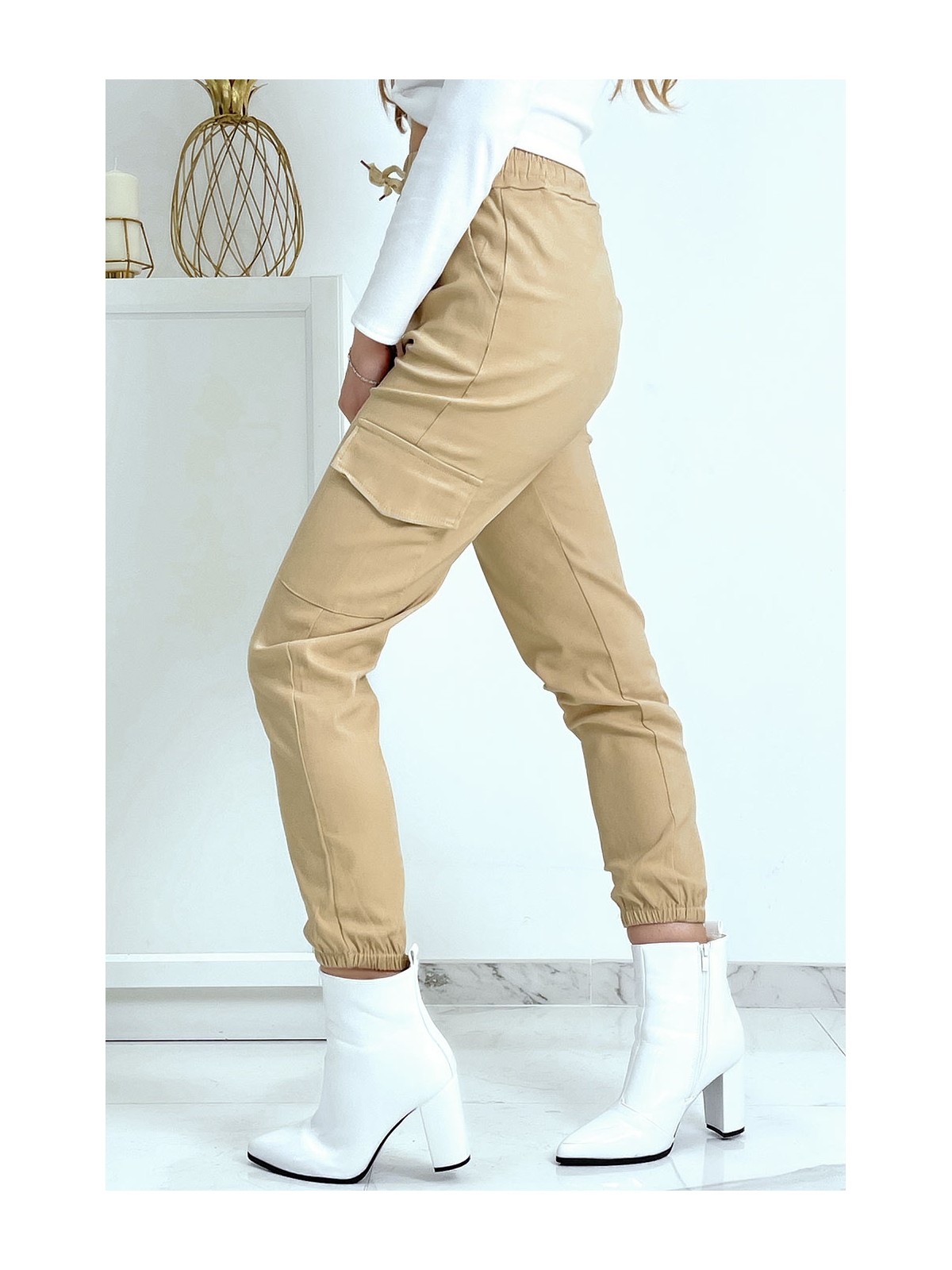 Pantalon treillis beige en strech avec poches - 7