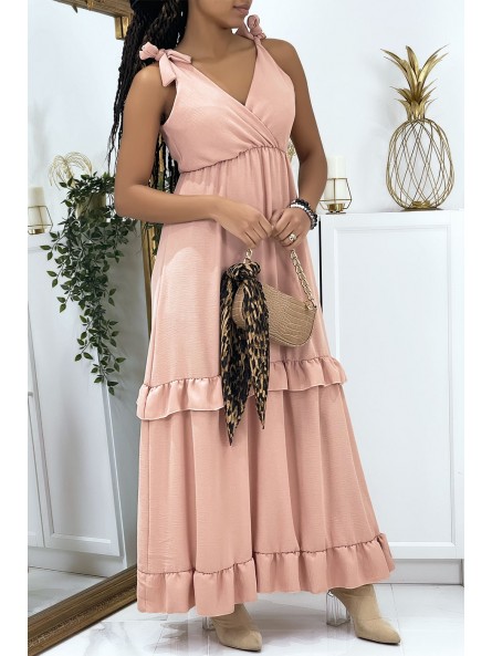 Longue robe rose croisé au buste avec noeuds aux épaules - 5