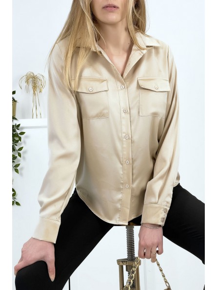 Chemise beige satiné pour femme avec poches - 1