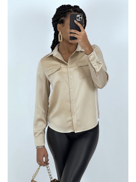 Chemise beige satiné pour femme avec poches - 3