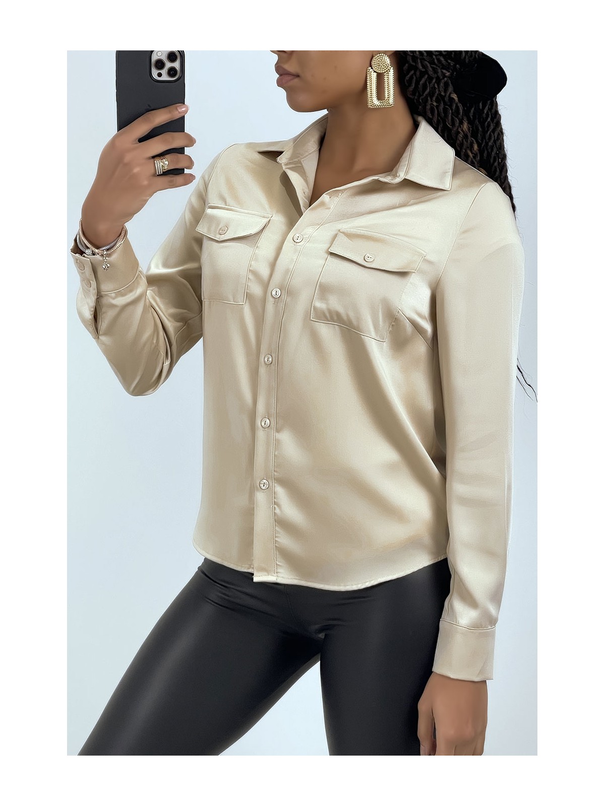 Chemise beige satiné pour femme avec poches - 5