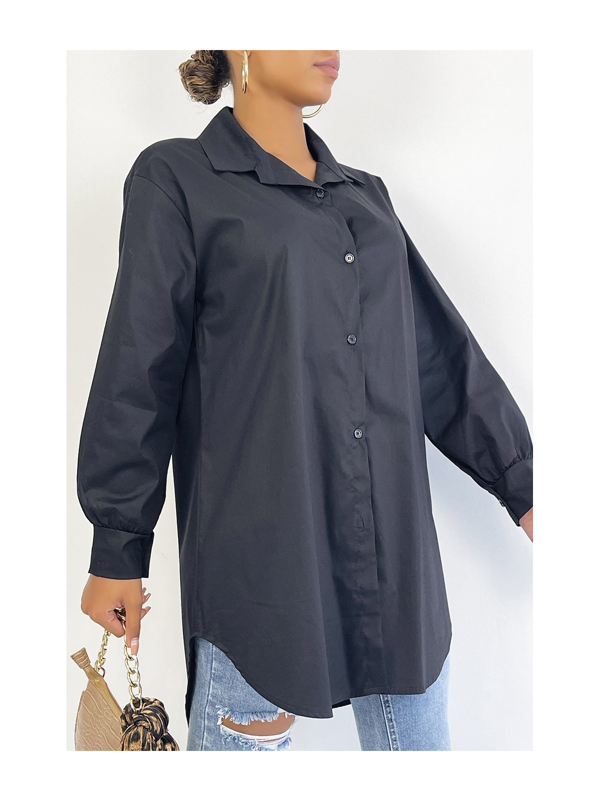 Longue chemise noire très tendance en coton - 2