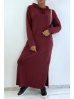 Longue robe sweat abaya bordeaux à capuche - 1