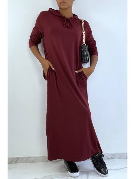Longue robe sweat abaya bordeaux à capuche - 2