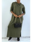 Longue robe sweat abaya kaki à capuche - 1