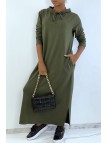 Longue robe sweat abaya kaki à capuche - 2