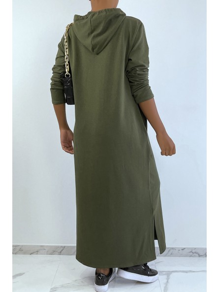 Longue robe sweat abaya kaki à capuche - 4