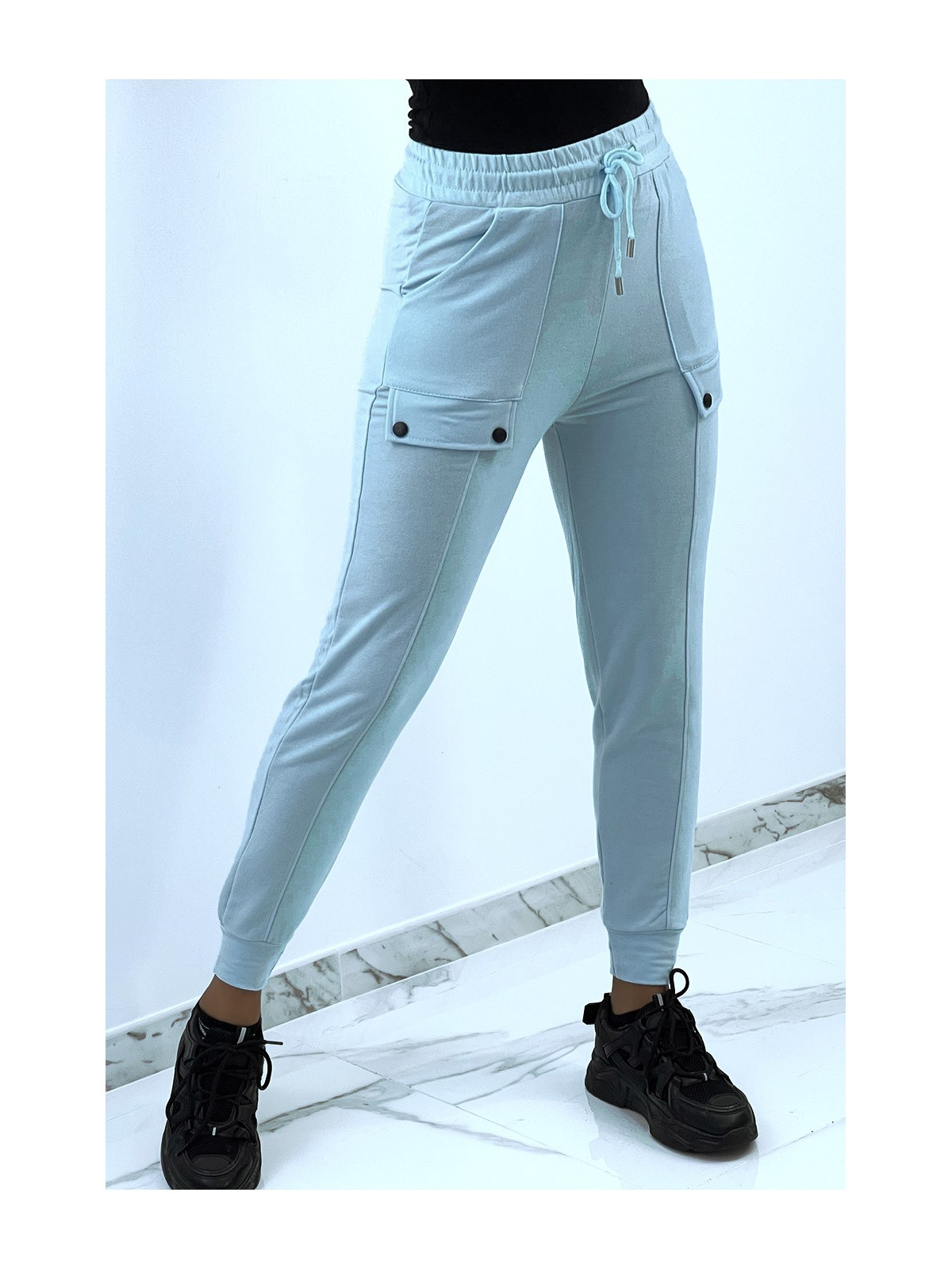 Pantalon jogging turquoise taille haute à poches - 1