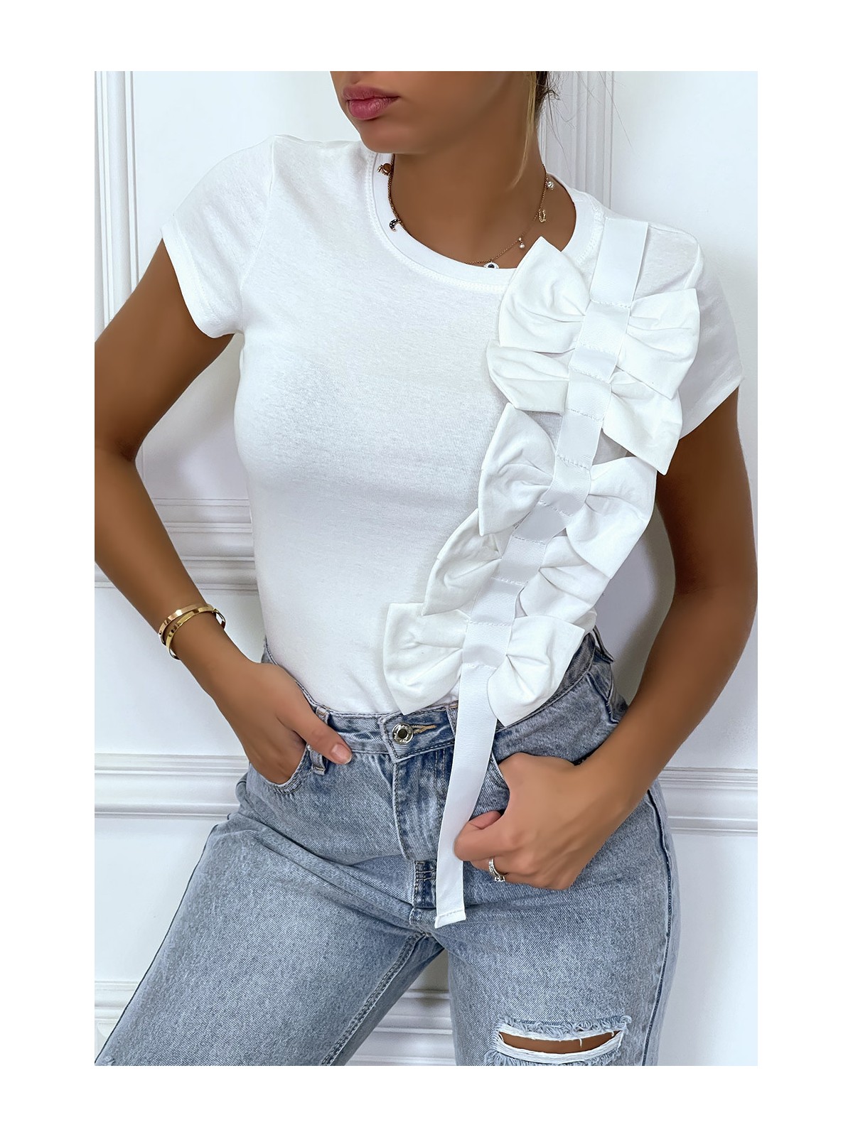 Tee-shirt blanc à noeud et rubans - 1