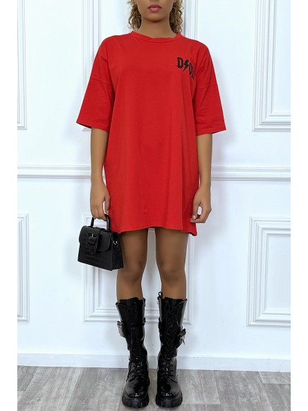 Tee-shirt oversize rouge tendance, écriture "D/or", manche mi-longue - 1