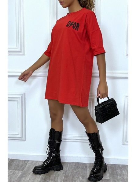 Tee-shirt oversize rouge tendance, écriture "D/or", manche mi-longue - 3