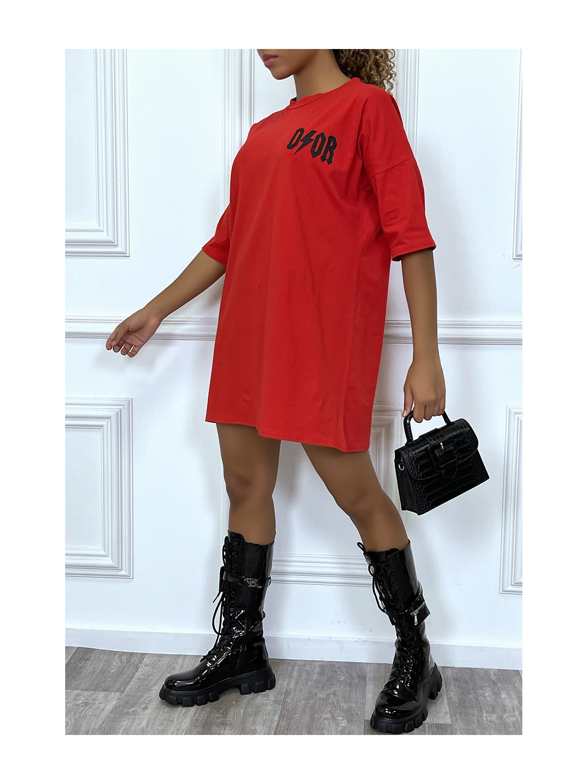 Tee-shirt oversize rouge tendance, écriture "D/or", manche mi-longue - 3