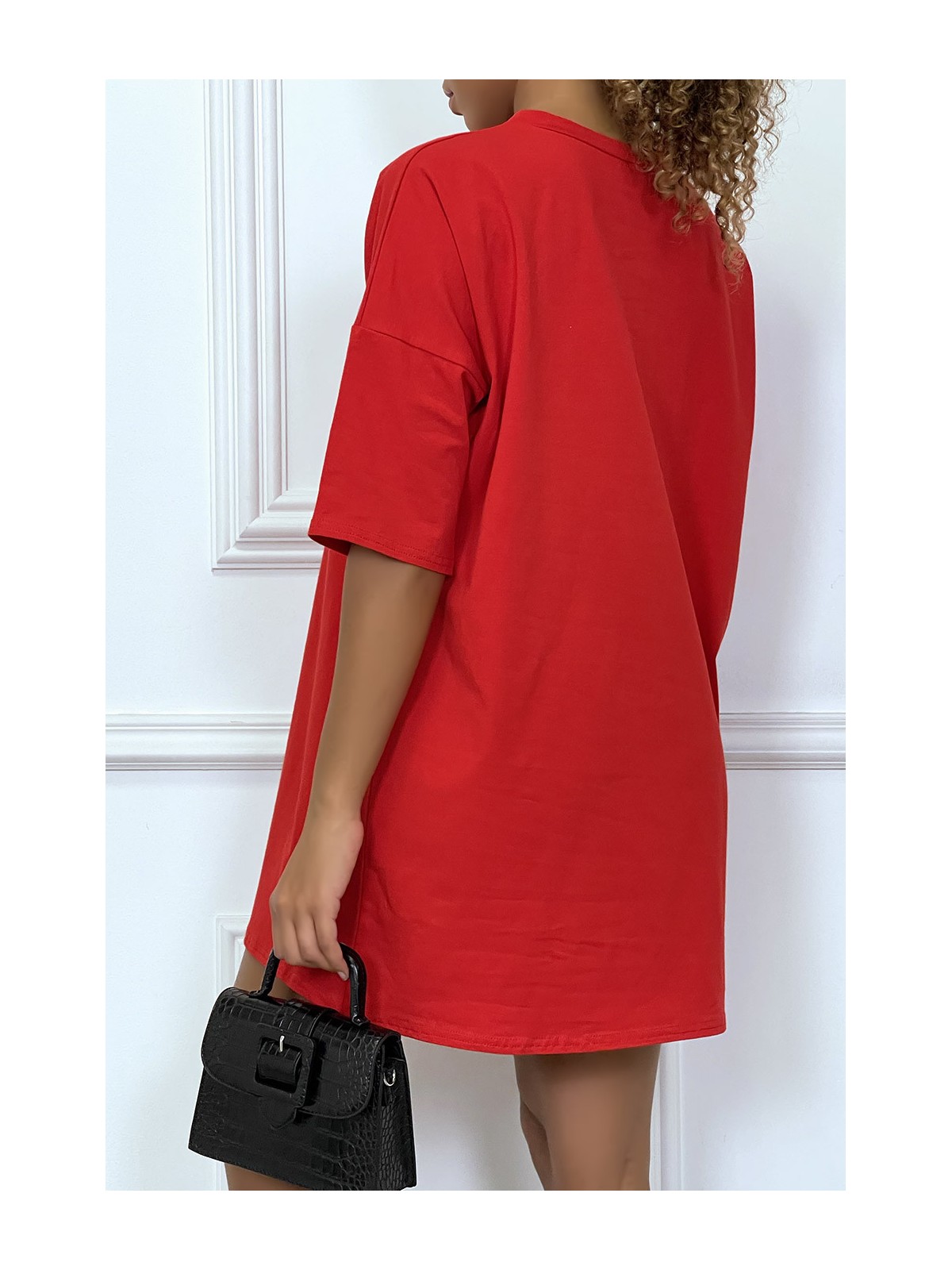 Tee-shirt oversize rouge tendance, écriture "D/or", manche mi-longue - 4