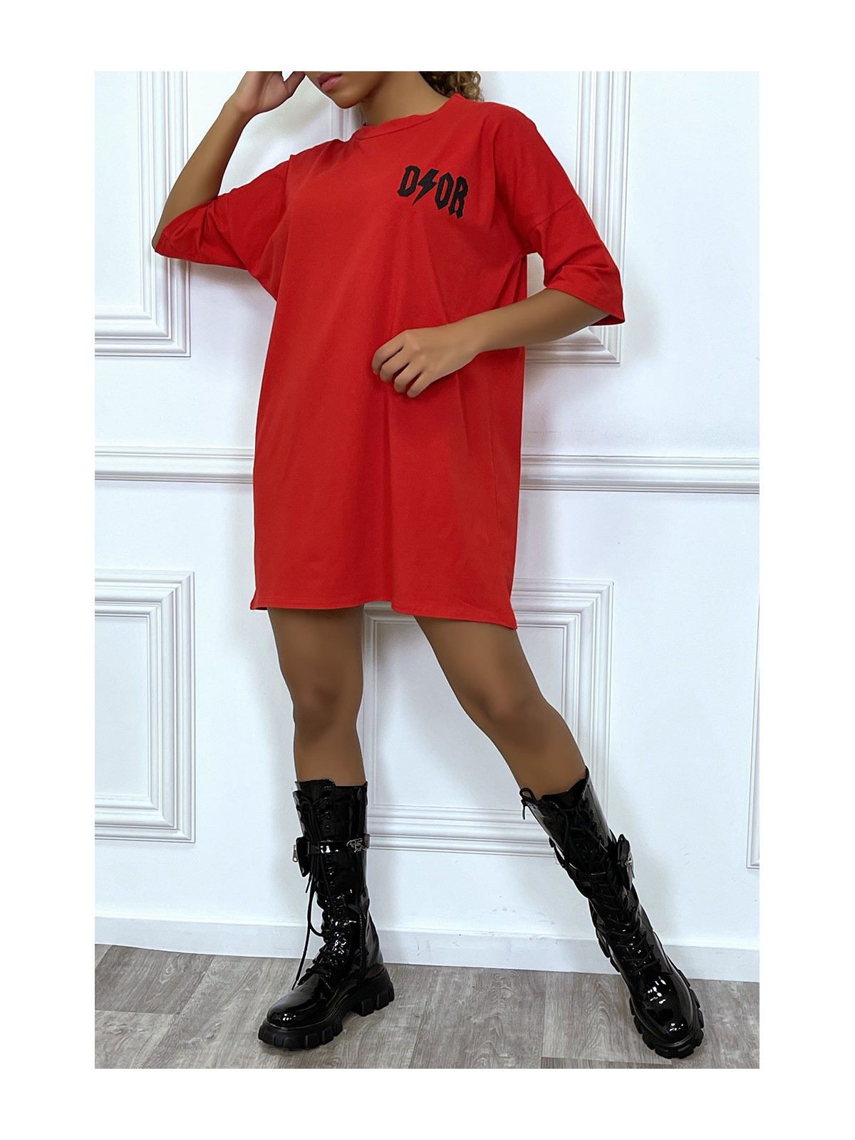 Tee-shirt oversize rouge tendance, écriture "D/or", manche mi-longue - 6
