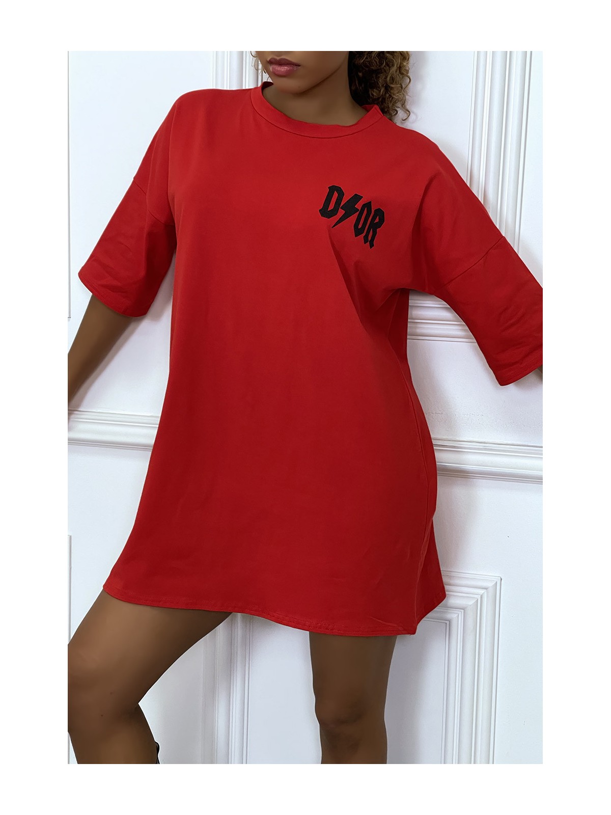 Tee-shirt oversize rouge tendance, écriture "D/or", manche mi-longue - 7