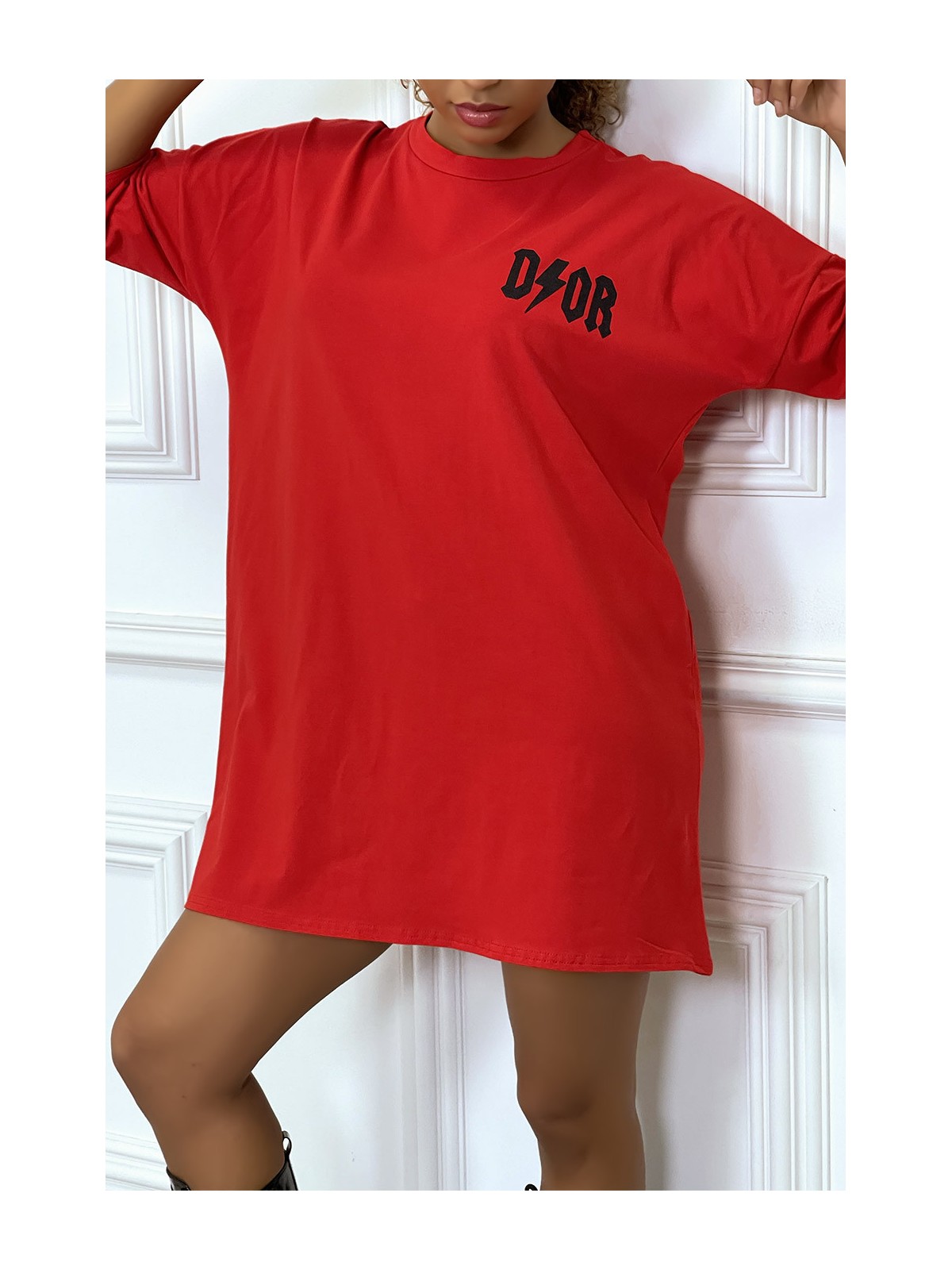 Tee-shirt oversize rouge tendance, écriture "D/or", manche mi-longue - 8