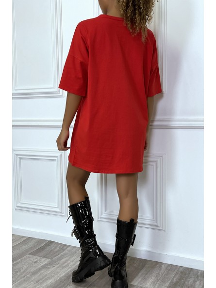 Tee-shirt oversize rouge tendance, écriture "D/or", manche mi-longue - 9